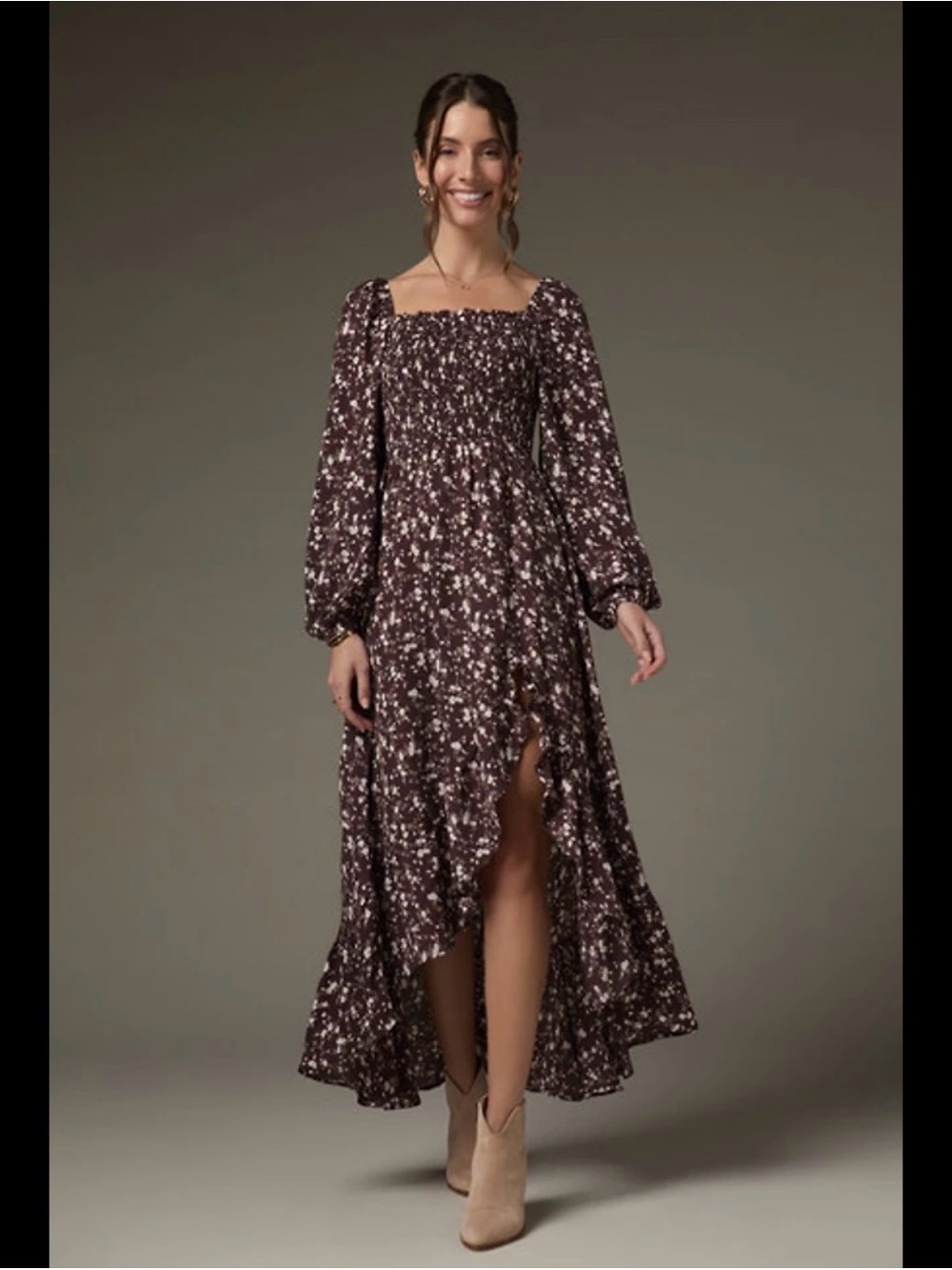 Francesca’s Brown Carmela Floral Smocked Upper Maxi Dress